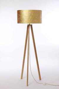 dreibeinige Stehlampe Holz mit Lampenschirm Blattgold
